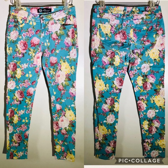 Masoi teal blue floral print skinny jeans size 9 - Picture 1 of 8